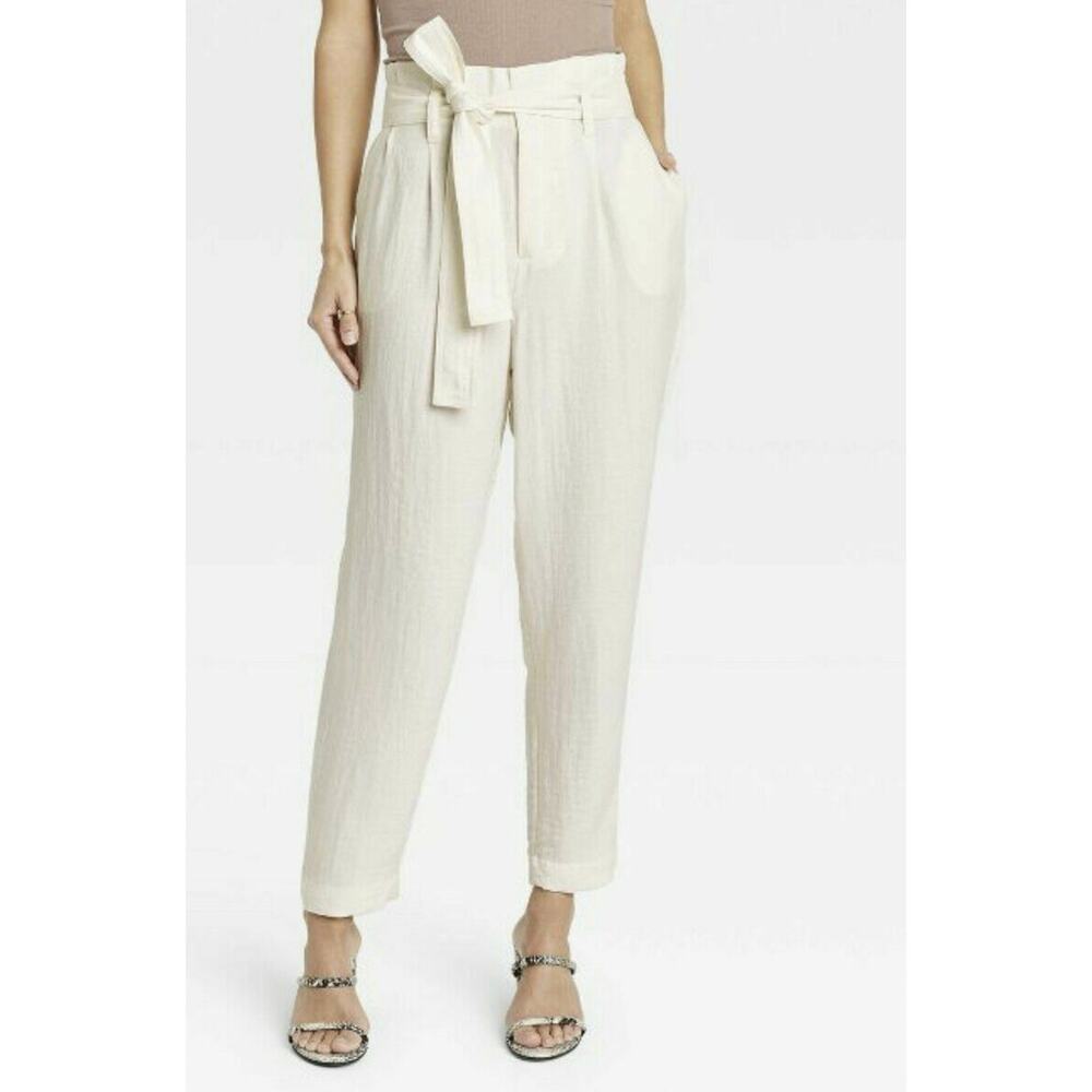 A New Day Womens High Rise Tapered Leg Tie Waist Paperbag Pants Cream Size L NWT